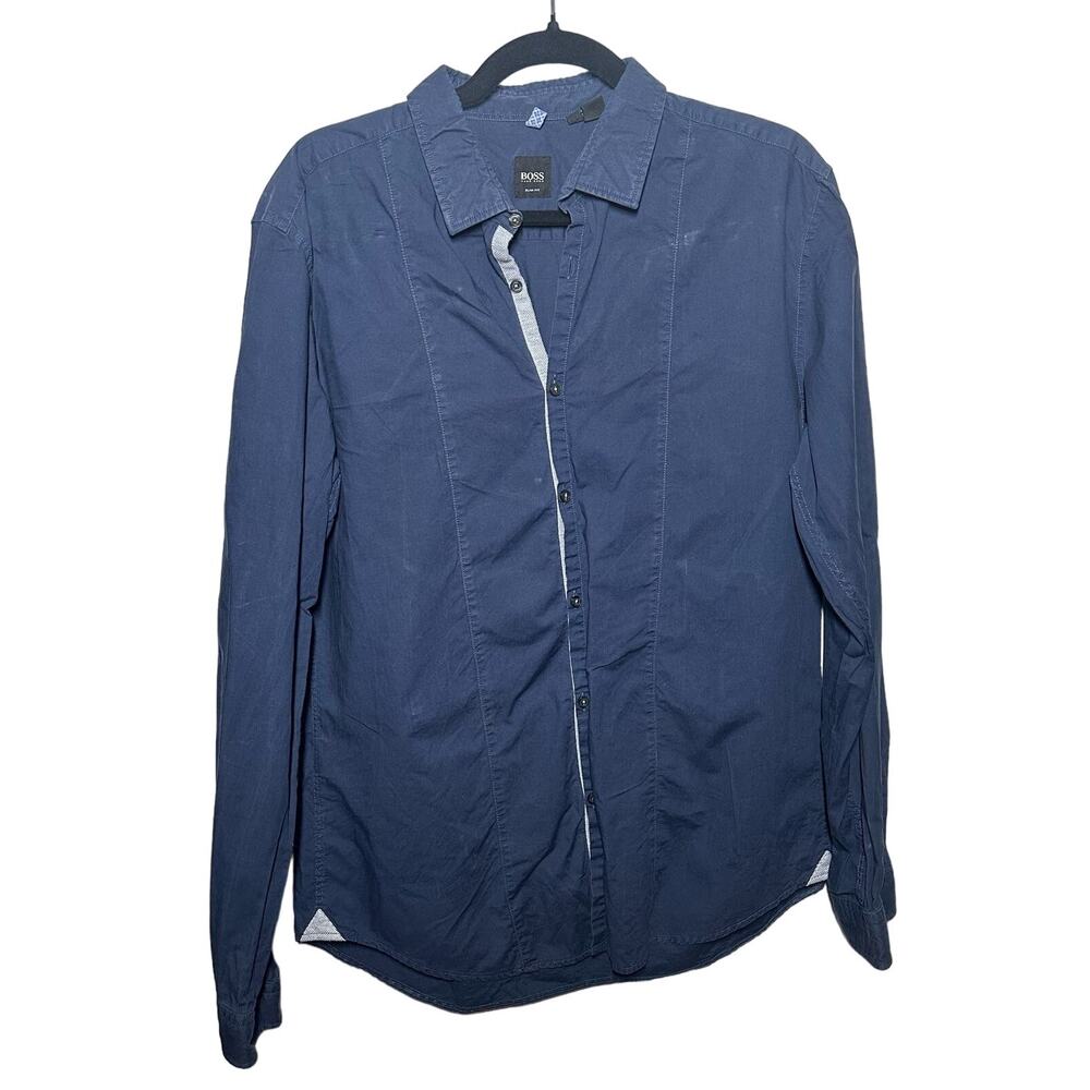Boss Hugo Boss‎ Men's Navy Blue Long Sleeve Button Down Shirt Size Large